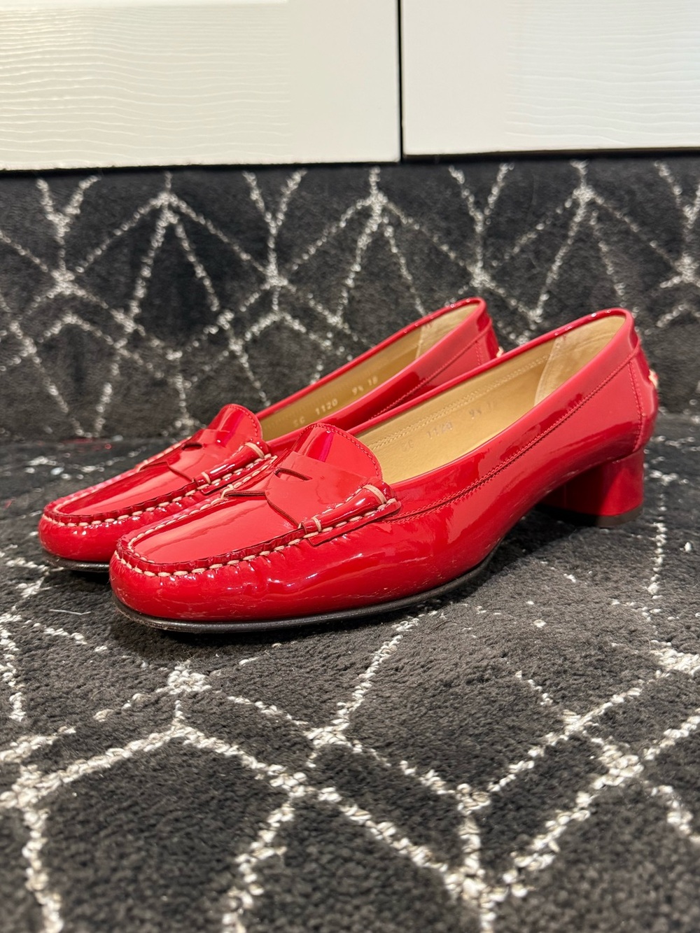 Salvatore Ferragamo Red Patent Leather Moccasin Block Heel Loafers